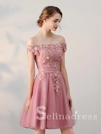 A-line Off-the-shoulder Pink Charming Short Prom Dress Homecoming Dress HML002