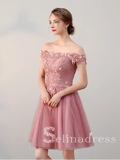 A-line Off-the-shoulder Pink Charming Short Prom Dress Homecoming Dress HML002