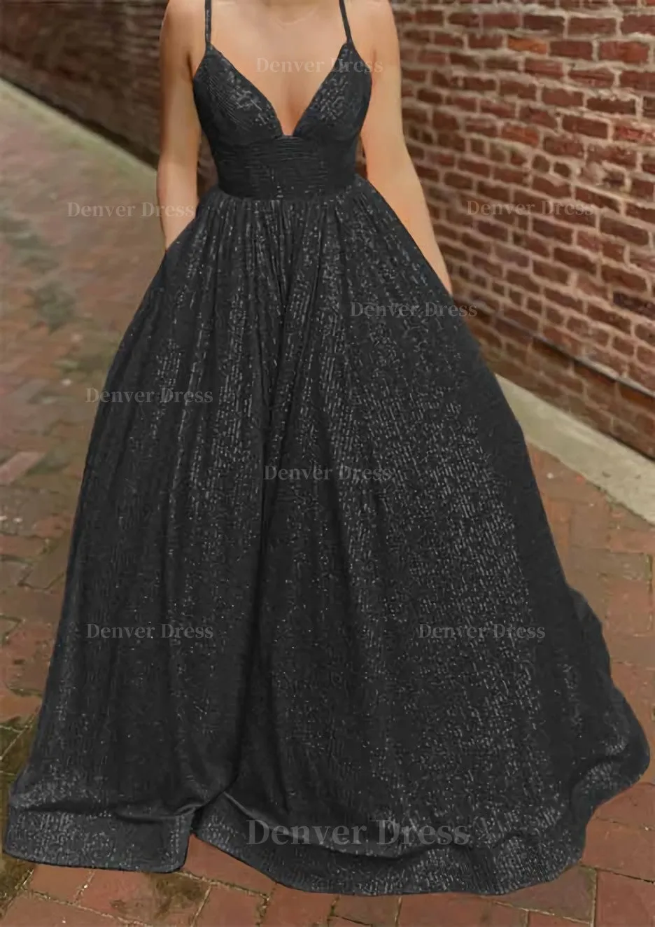 A-line V Neck Sleeveless Sweep Train Sequined Prom Dress with Pockets