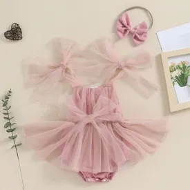 Baby Girls Dusty Rose Bow Strap Tulle Skirted Romper