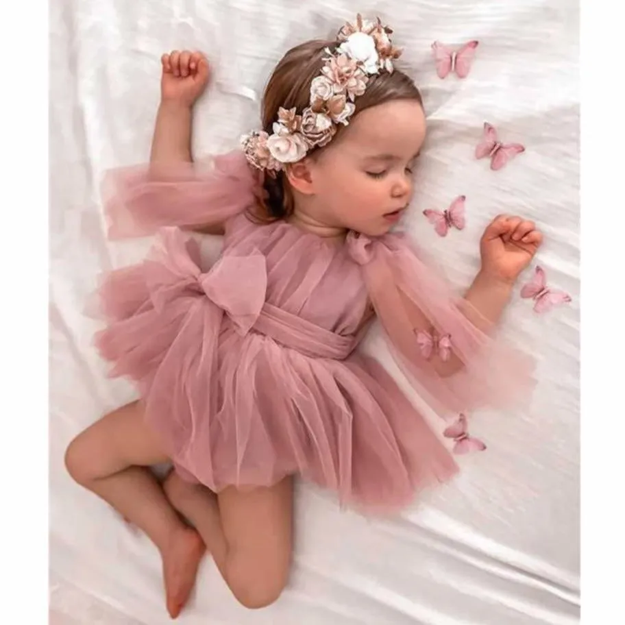 Baby Girls Dusty Rose Bow Strap Tulle Skirted Romper