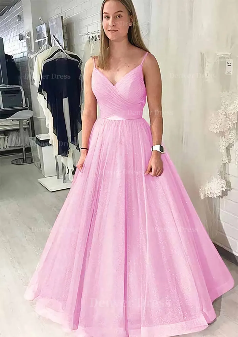 Ball Gown Long/Floor-Length Sparkling Tulle Prom Dress With Pleated