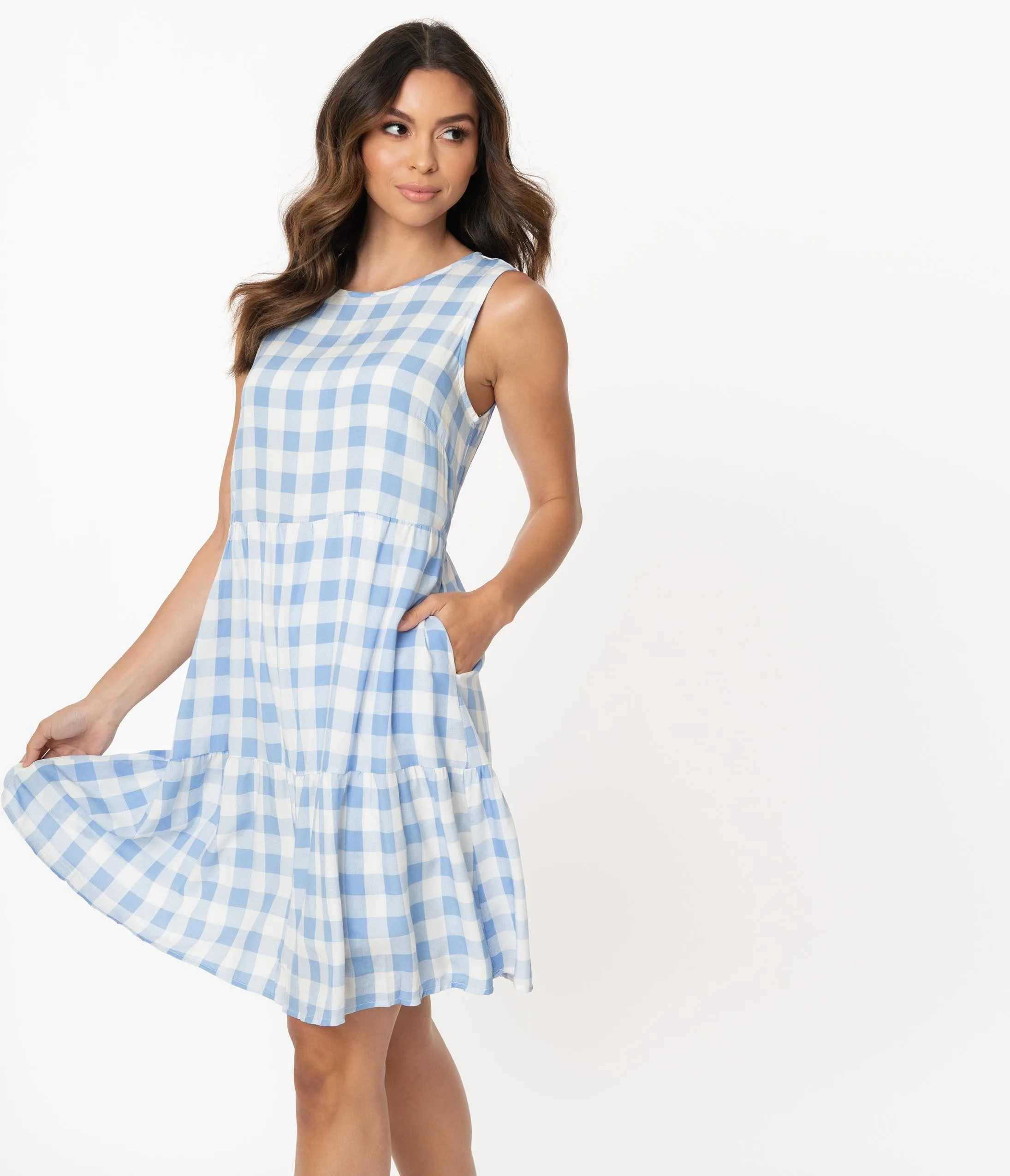 Blue & White Gingham Casual Tunic Dress