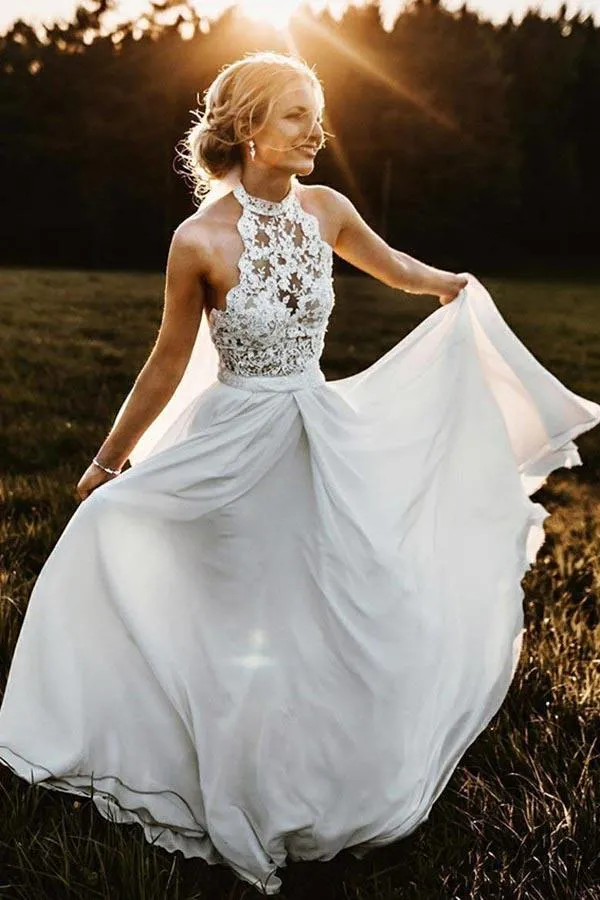 Charming A Line Halter Sleeveless Chiffon Long Beach Wedding Dresses