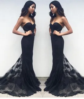 Charming Black Sweetheart Neck Lace Train Long Prom Dresses, Black Evening Dresses, New Arrival Prom Dresses, Mermaid Formal Dresses