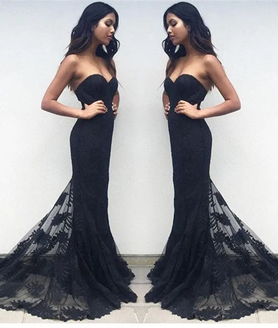 Charming Black Sweetheart Neck Lace Train Long Prom Dresses, Black Evening Dresses, New Arrival Prom Dresses, Mermaid Formal Dresses