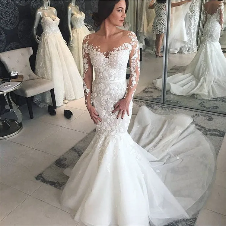 Charming Crew Long Sleeves Wedding Dress | Mermaid Lace Appliques Bridal Gowns On Sale