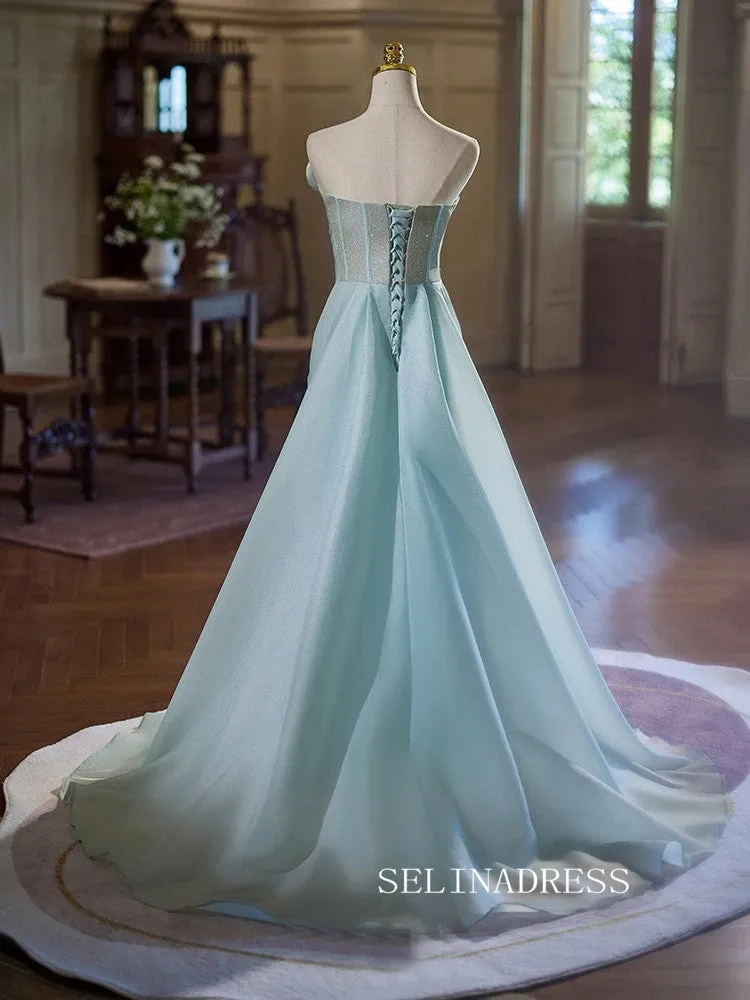 Charming Sky Blue Satin Prom Dresses Strapless Sleeveless Princess Dress Sweep Train Prom Formal Dresses TKL1903