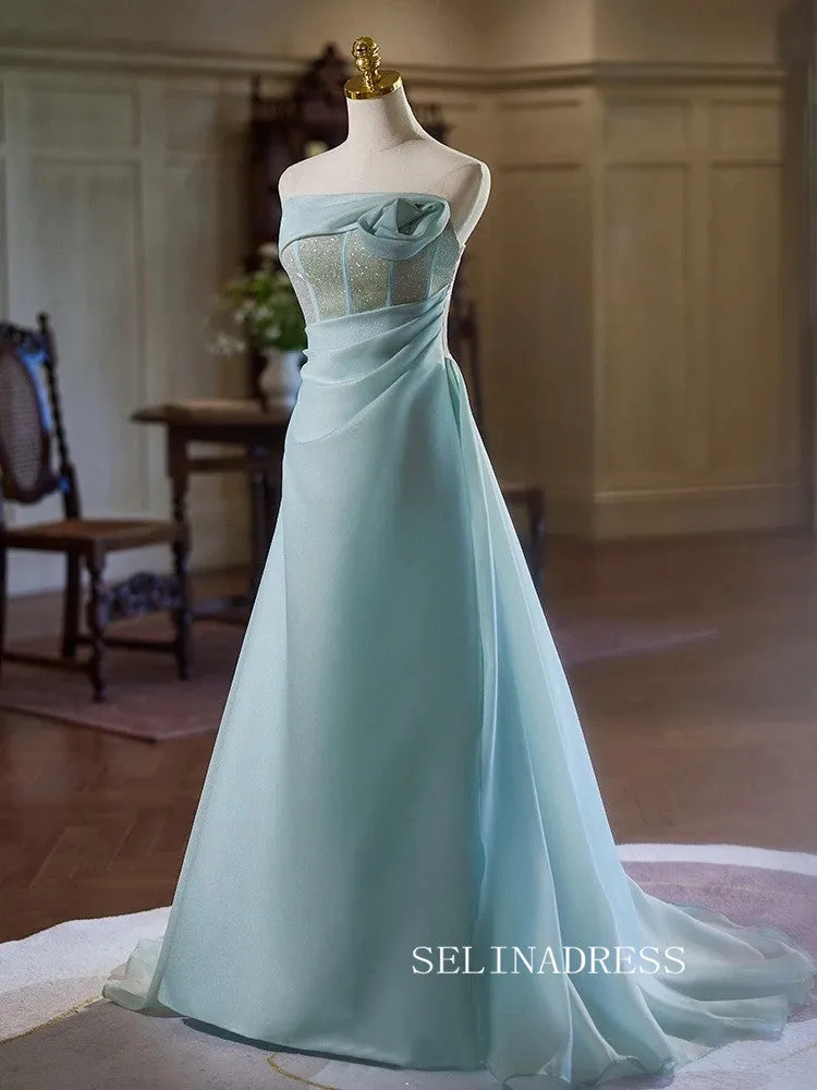 Charming Sky Blue Satin Prom Dresses Strapless Sleeveless Princess Dress Sweep Train Prom Formal Dresses TKL1903