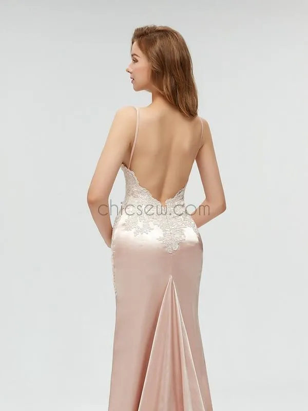 Charming Spaghetti Straps Mermaid Applique Sexy Backless Prom Dress, YKX002