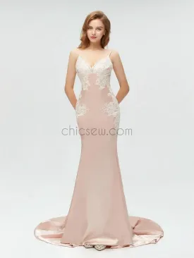 Charming Spaghetti Straps Mermaid Applique Sexy Backless Prom Dress, YKX002