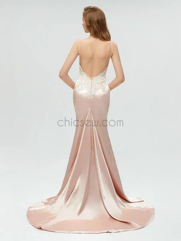 Charming Spaghetti Straps Mermaid Applique Sexy Backless Prom Dress, YKX002