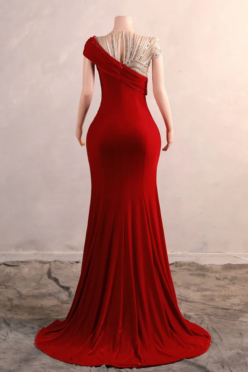 Crew One-Shoulder Empire Sweep Train Sequins Beading Evening Dress