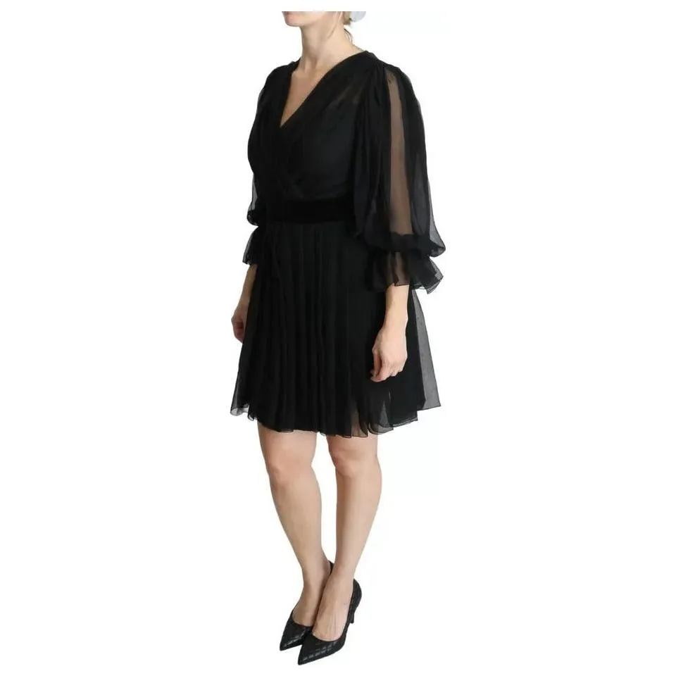 Dolce & Gabbana Black Mesh Pleated Mini Silk Blend Dress