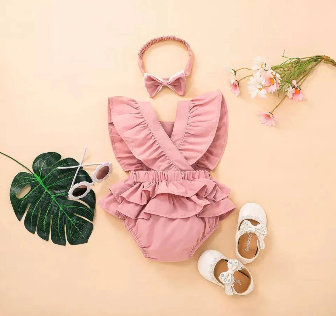 Dusty Pink Bib Double Bow Romper