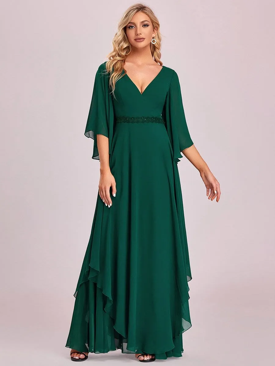 Elegant V-Neck Ruffle Sleeve Mother of the Bride Dress