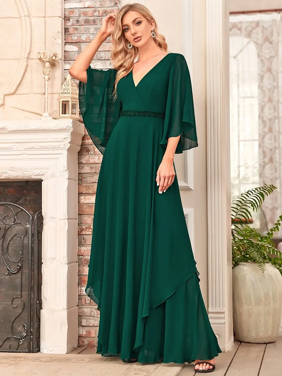 Elegant V-Neck Ruffle Sleeve Mother of the Bride Dress