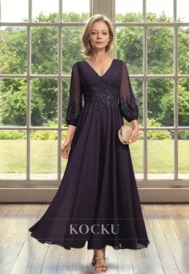 Elegant&Dramatic A-Line V-Neck Long Sleeves Lace Mother of Bride Dress with Appliques Cocktail Gowns