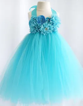 Fantastic Floriated Tulle Dress with Pearl Accents - Turquoise