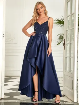 Floral Sequin Spaghetti Strap V-Neck Satin High-Low Evening Dress