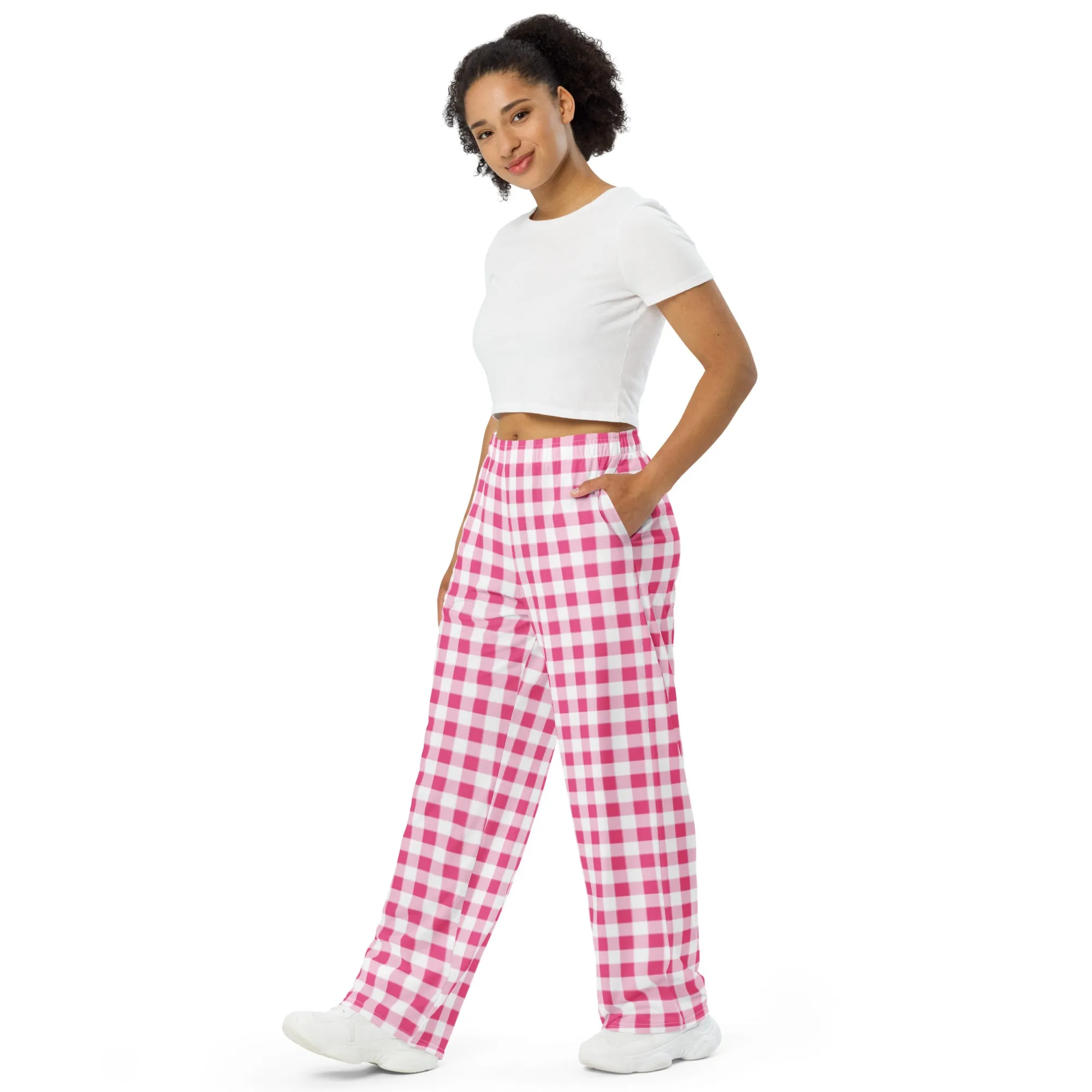 Hattie Everything Nice Pink Gingham Wide-Leg Lounge Pants | Pinup Couture Relaxed