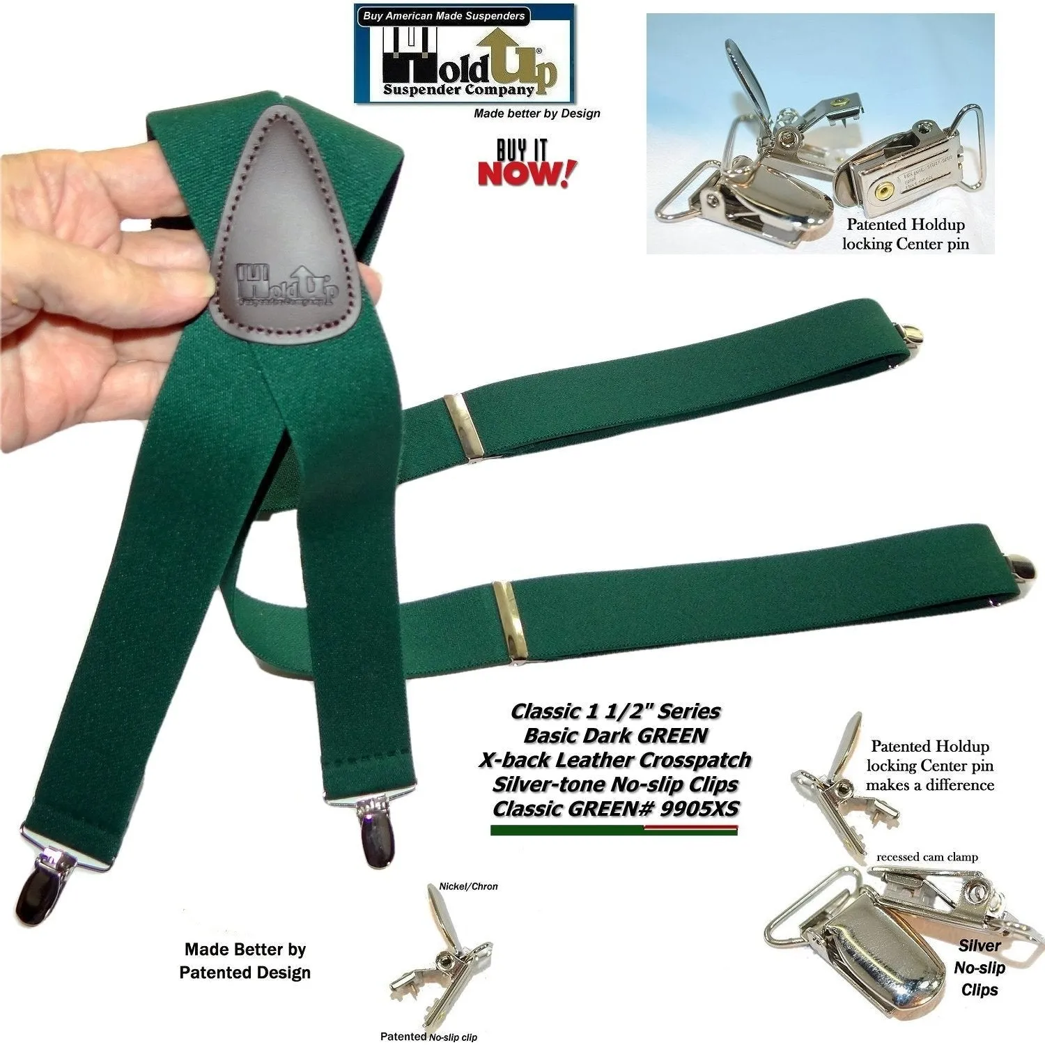 Hold-Ups 1 1/2" Wide Classic Dark Green X-back Suspenders with USA Patented Silver No-slip Clips