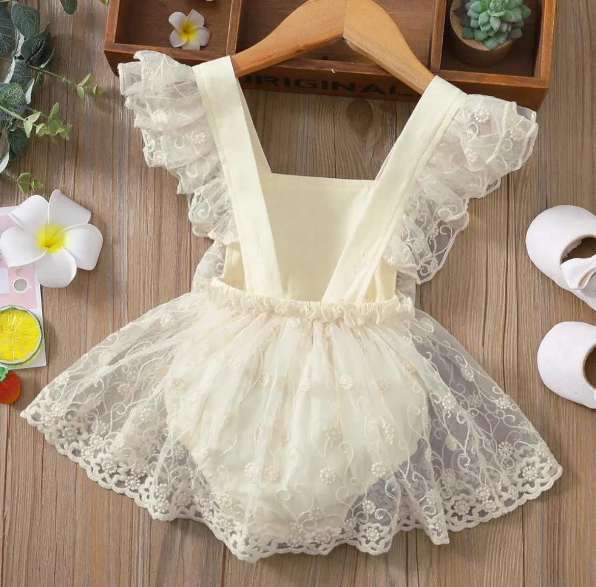 Ivory Leafy Lace with Bow Birthday Tutu Romper