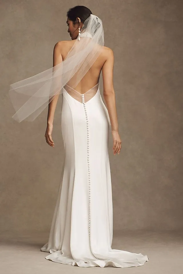 Jenny Yoo Harlyn wedding dress with high collar and open back, beige