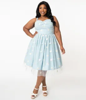 Plus Size Light Blue & Daisy Floral Mesh Monica Swing Dress