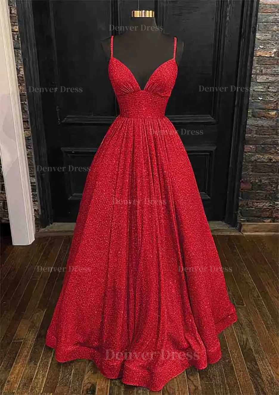 Princess A-line V Neck Spaghetti Straps Long/Floor-Length Sequined Prom Dress With Pleated