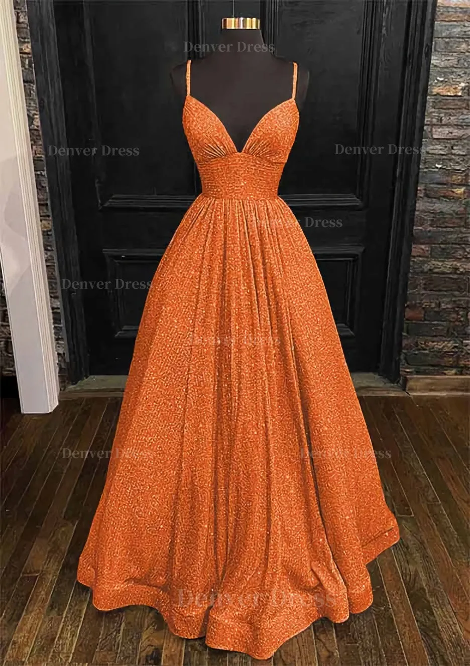 Princess A-line V Neck Spaghetti Straps Long/Floor-Length Sequined Prom Dress With Pleated