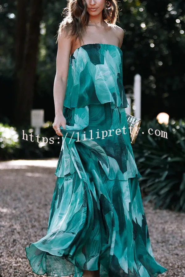 Sweet and Charming Printed Strapless Drop Tiered Ruffle Maxi Dress