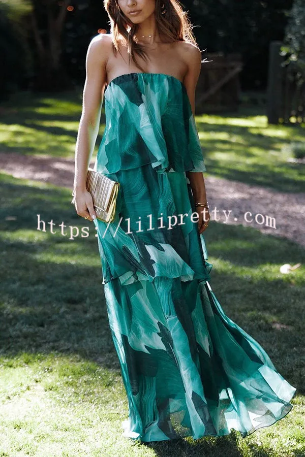 Sweet and Charming Printed Strapless Drop Tiered Ruffle Maxi Dress