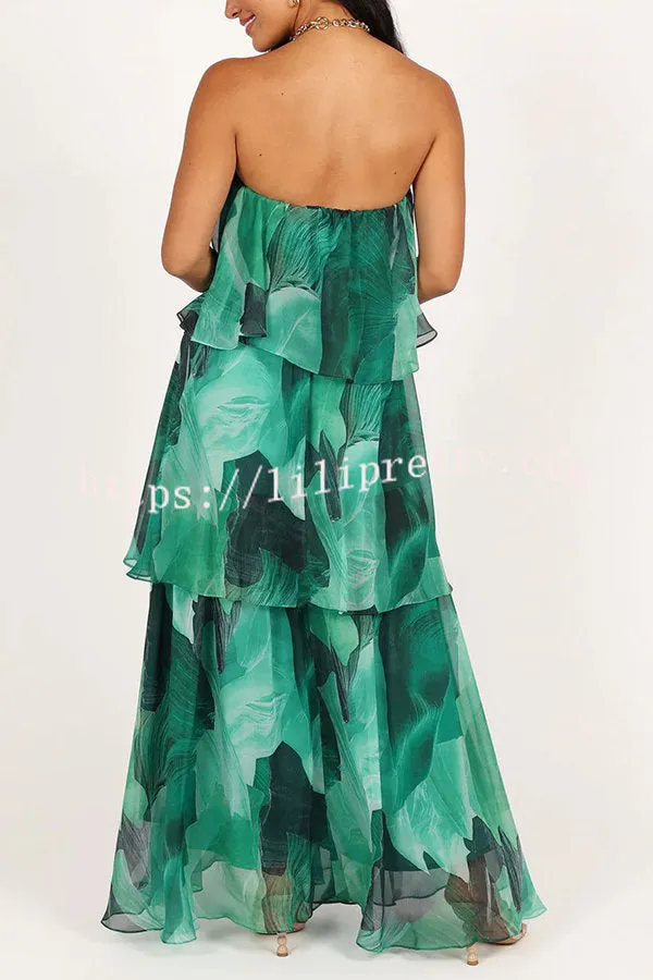 Sweet and Charming Printed Strapless Drop Tiered Ruffle Maxi Dress