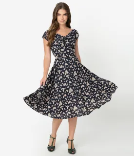 Unique Vintage 1940s Style Navy & Pink Floral Print Havilland Dress