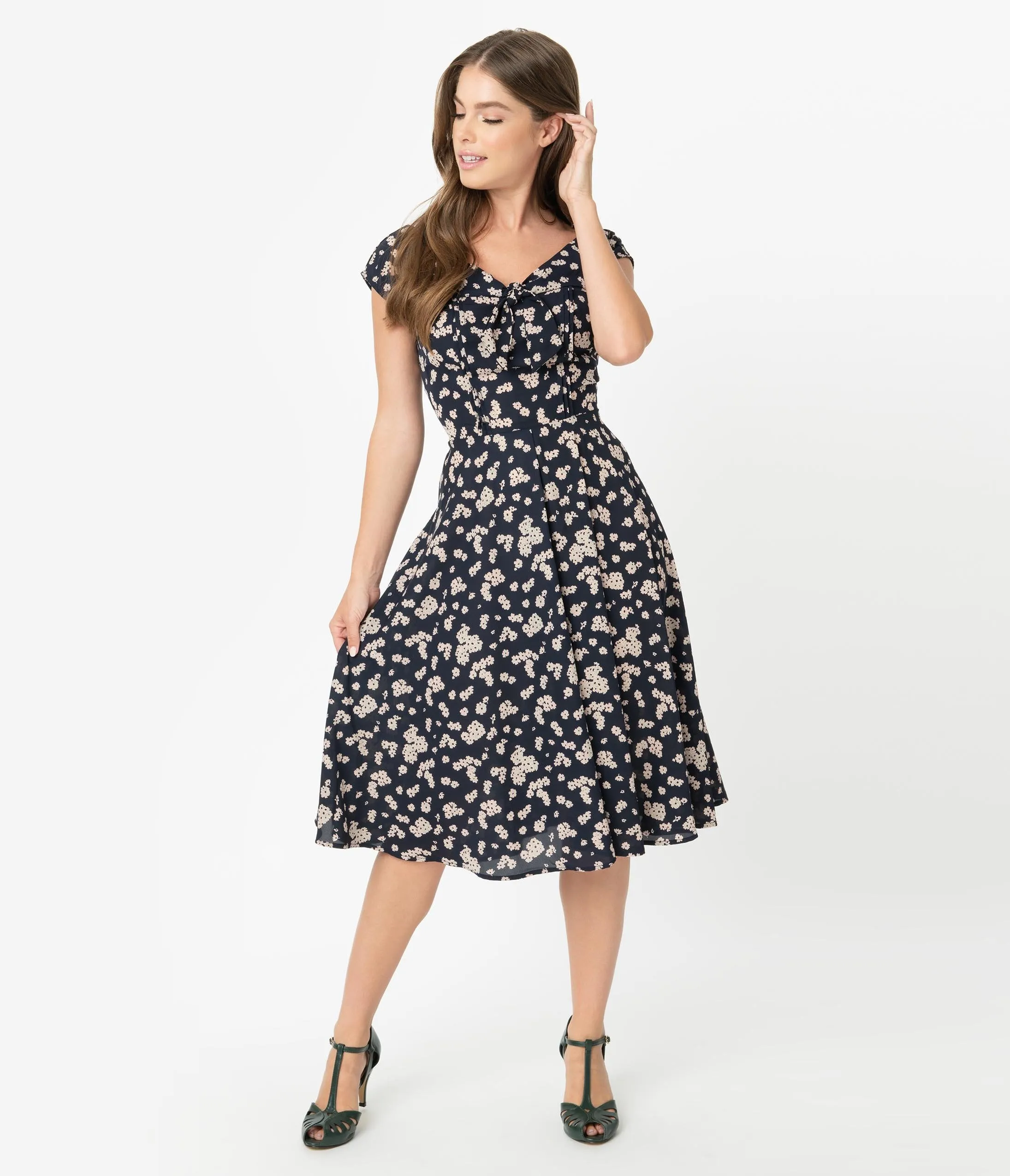 Unique Vintage 1940s Style Navy & Pink Floral Print Havilland Dress