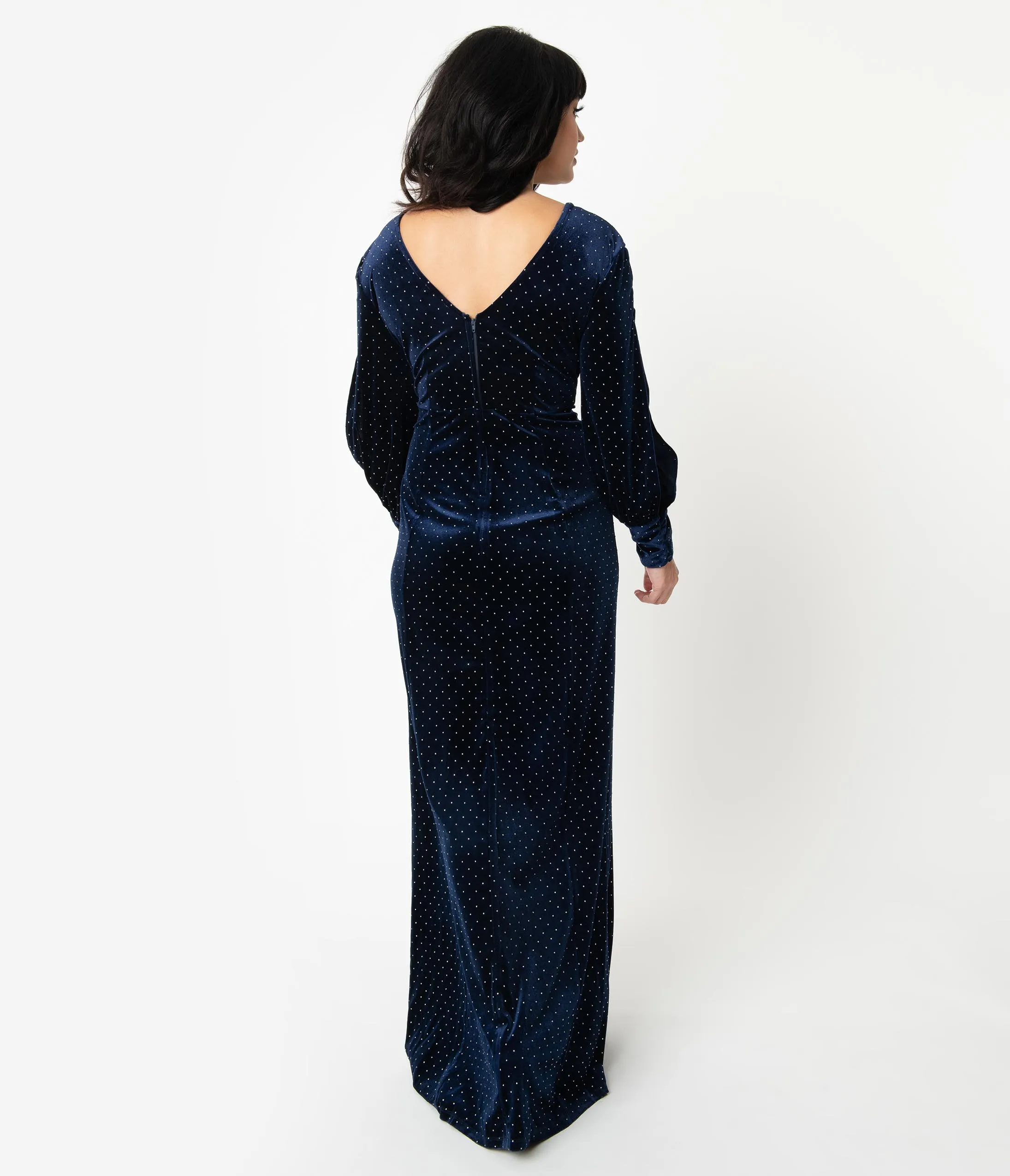 Unique Vintage Navy Blue Velvet & Silver Dotted Sharon Maxi Dress