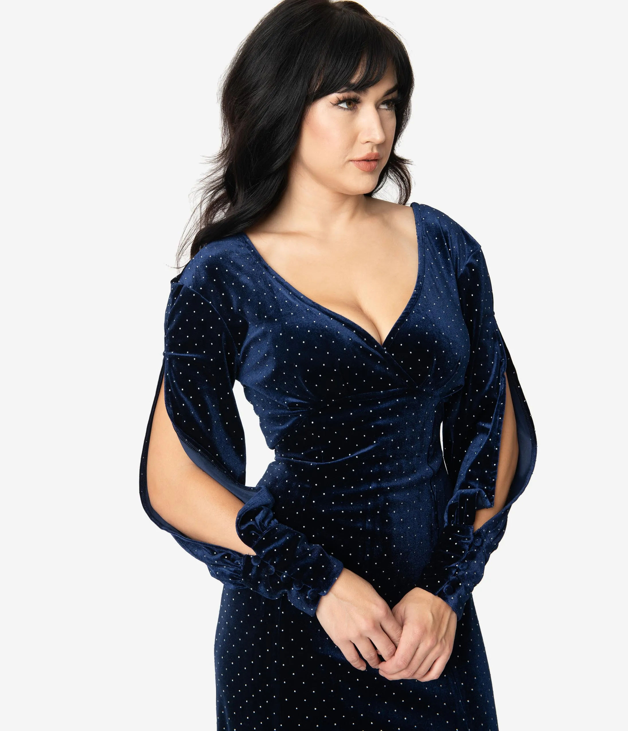 Unique Vintage Navy Blue Velvet & Silver Dotted Sharon Maxi Dress