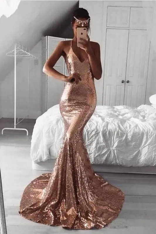 V-neckline Sparkling Sequin Prom Dress Mermaid Train